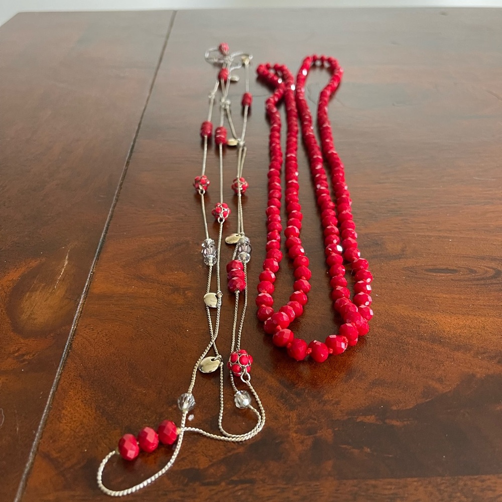 Set of 2 flapper length necklaces faceted red glass beads translucent beads